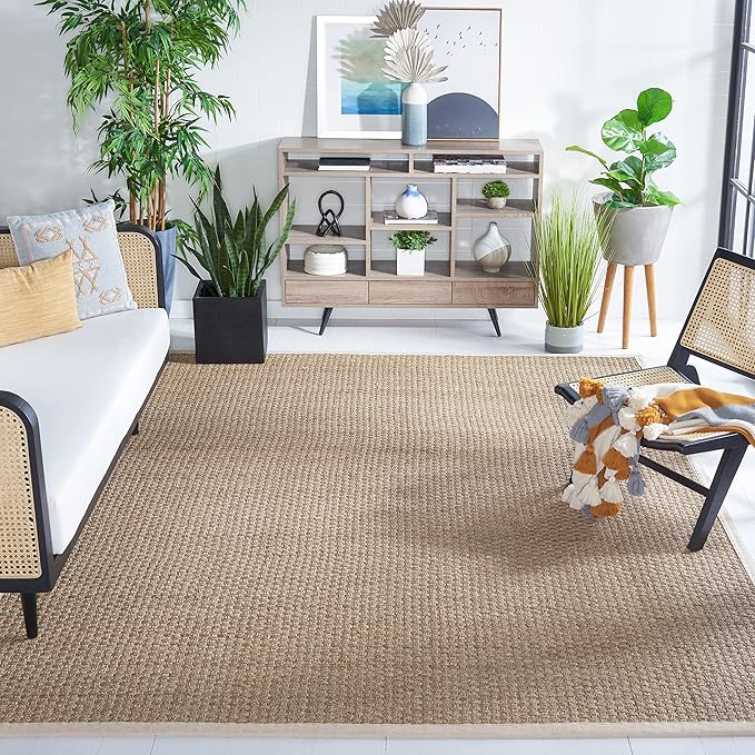 SAFAVIEH Area Rug 11x15 - Natural Fiber Collection - Large - Natural & Ivory, Seagrass, Basketweave Pattern with Border (NF114J)