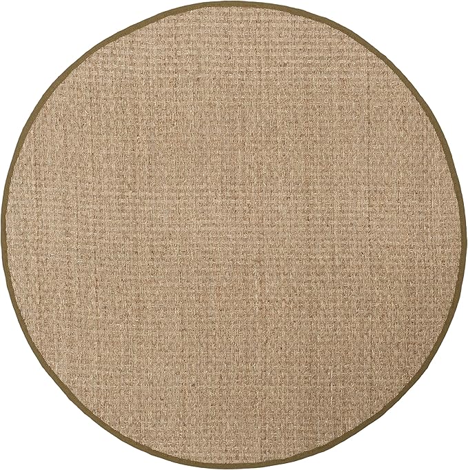 SAFAVIEH Area Rug 6' Round - Natural Fiber Collection - Natural & Olive Green, Seagrass, Basketweave Pattern with Border (NF114G)