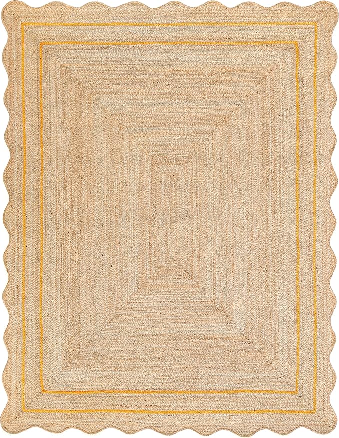 Wave Scalloped Natural Jute Rug Boho Jute Rug Entryway Runner Rug Farmhouse Scallop Rug, Yellow (11'x14')