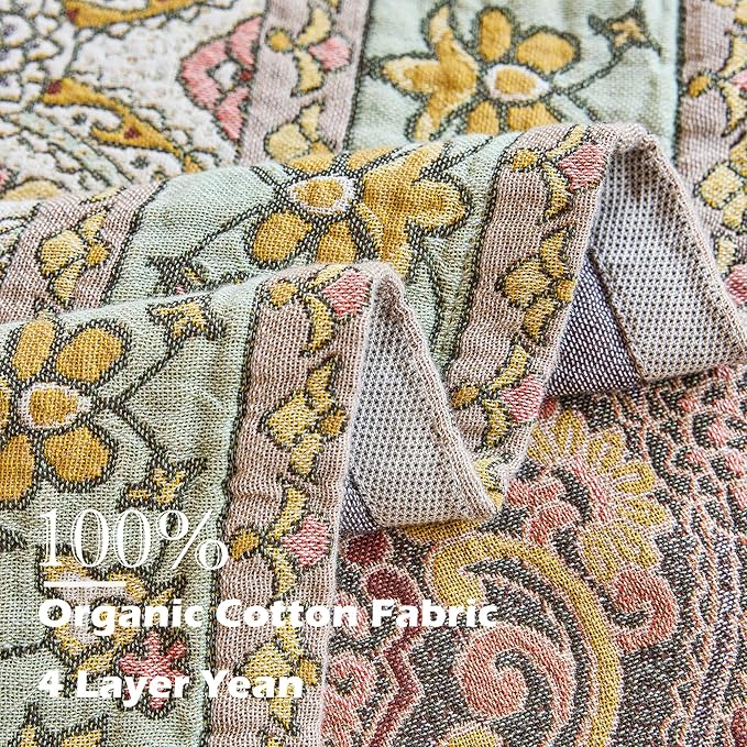 Boho Throw Blanket 80" x 90", 100% Organic Cotton Breathable Skin-Friendly Ultra Soft Bed Quilt Throw - Floral Rustic Decor Luxury Reversible Blanket for Sofa Couch Chair and Gift,