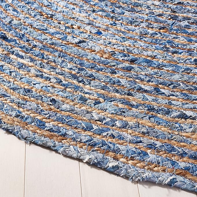 SAFAVIEH Area Rug 6' Round - Cape Cod Collection - Blue & Natural Brown, Handmade Jute & Cotton, Woven Braided Design (CAP202M)