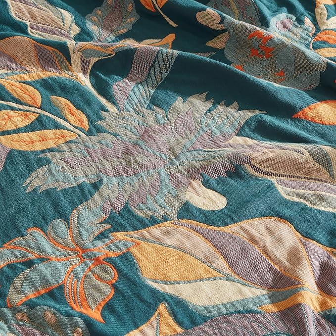 Boho Throw Blanket for Bed 50”x60”, 100% Cotton Woven Blanket for Couch Sofa, Ultra Soft 4-Layer Muslin Quilt with Floral Printed, Farmhouse Bed Blanket/Cover for Living Room Decor