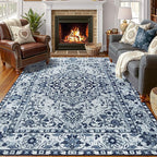 YJ.GWL Area Rugs for Living Room 4x6 Machine Washable Rugs for Bedroom, Non Slip Floral Vintage Rug Indoor Carpet, Stain Resistant Throw Rug for Dining Room Kitchen, Navy Blue