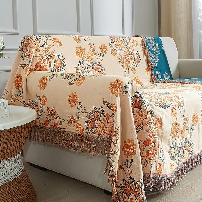Boho Throw Blanket for Bed 90”x98”, 100% Cotton Woven Blanket for Couch Sofa, Ultra Soft 4-Layer Muslin Quilt with Floral Printed, Farmhouse Bed Blanket/Cover for Living Room Decor