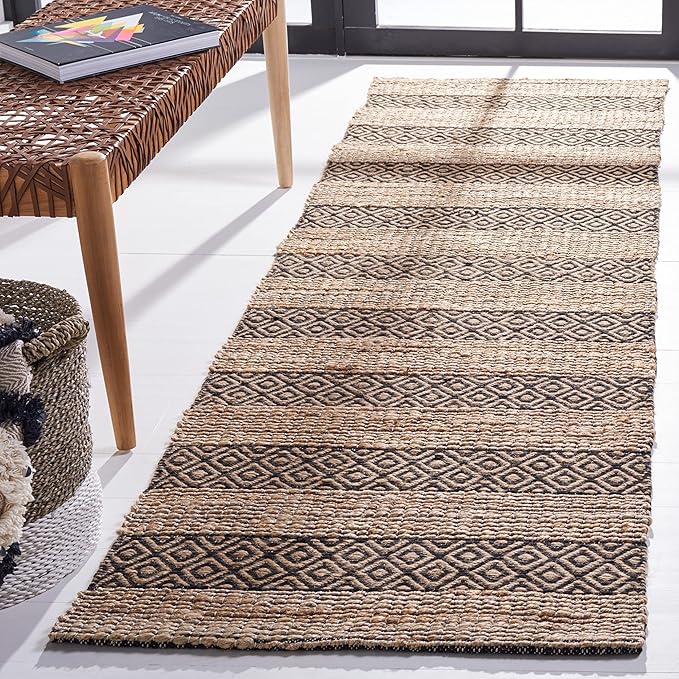 SAFAVIEH Natural Fiber Collection Runner Rug - 2'3" x 8', Black & Natural, Handmade Boho Farmhouse Rustic Jute & Cotton Jute, Ideal for High Traffic Areas in Living Room, Bedroom (NFB653Z)
