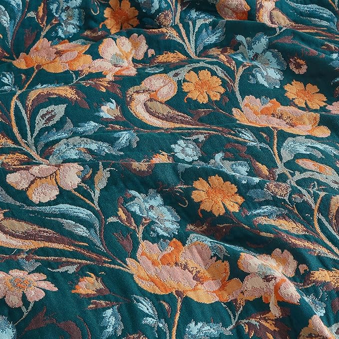 Boho Throw Blanket for Bed 80”x90”, 100% Cotton Woven Blanket for Couch Sofa, Ultra Soft 4-Layer Muslin Quilt with Floral Printed, Farmhouse Bed Blanket/Cover for Living Room Decor