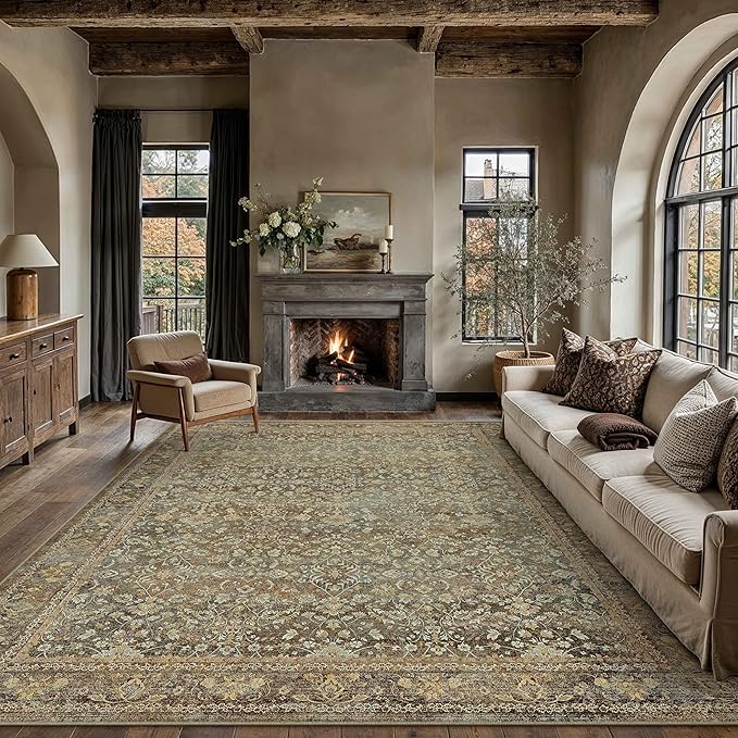 Area Rug 6x9 Brown Living Room Washable Vintage Carpet Non Slip Indoor Retro Traditional Accent Throw Large Rug for Office Bedroom Dining Room Playroom