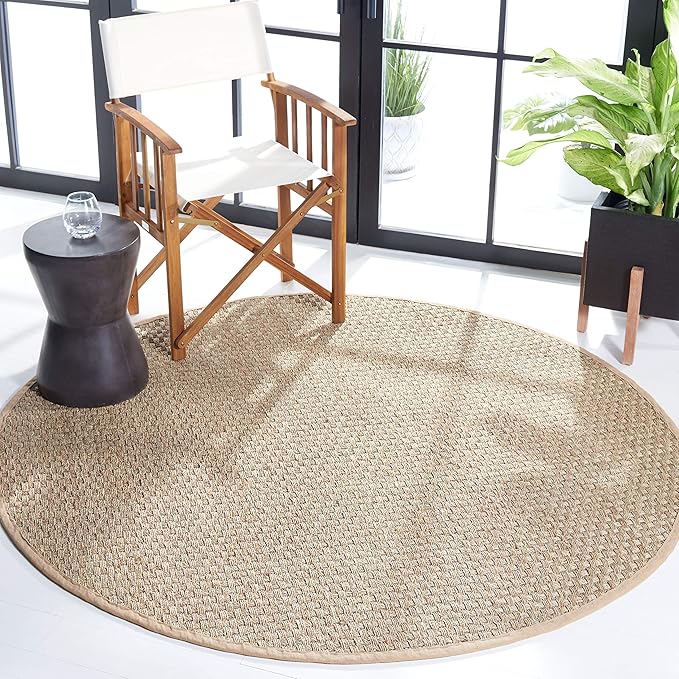 SAFAVIEH Area Rug 4' Round - Natural Fiber Collection - Natural & Beige, Seagrass, Basketweave Pattern with Border (NF114A)