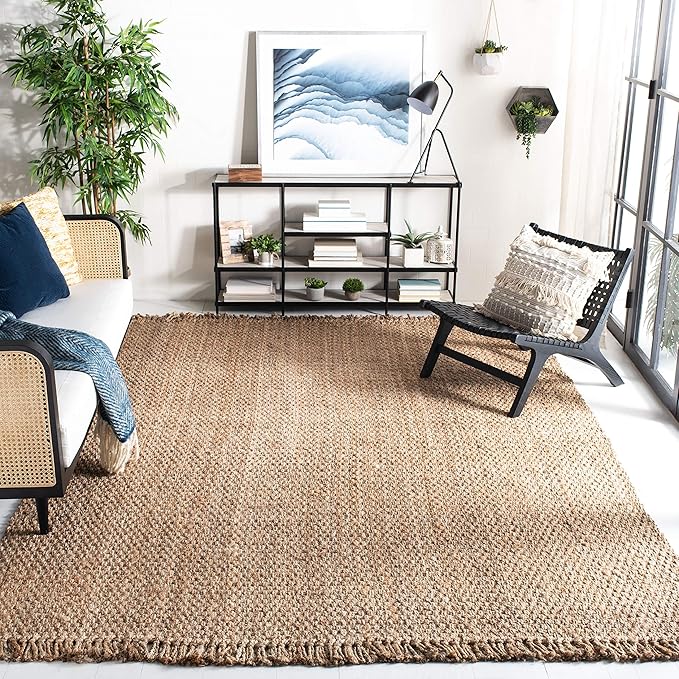 SAFAVIEH Natural Fiber Collection Area Rug - 7' Square, Natural, Handmade Tassel Jute, Ideal for High Traffic Areas in Living Room, Bedroom (NF467A)