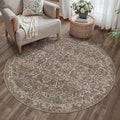HUGEAR Round Rug 5ft Entryway Rugs Machine Washable Retro Brown Hallway Area Rug 5x5 Small Circle Vintage Rug Floral Low Pile Carpet Soft Throw Rug Living Room Office Laundry Room Entrance Non Slip