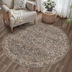 HUGEAR Round Rug 5ft Entryway Rugs Machine Washable Retro Brown Hallway Area Rug 5x5 Small Circle Vintage Rug Floral Low Pile Carpet Soft Throw Rug Living Room Office Laundry Room Entrance Non Slip