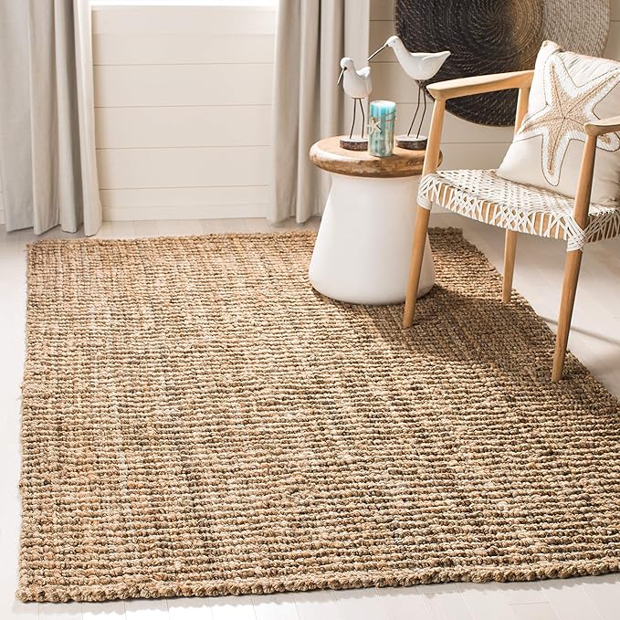 SAFAVIEH Area Rug 4' Square - Natural Fiber Collection - Natural Brown, Handmade Jute, Farmhouse Style, Chunky Textured Thick Pile (NF447A)