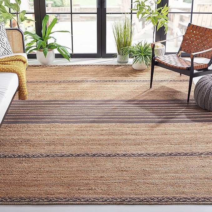SAFAVIEH Natural Fiber Collection Area Rug - 6' x 9', Natural & Brown, Handmade Stripe Boho Farmhouse Rustic Braided Jute, Ideal for High Traffic Areas in Living Room, Bedroom (NFB262T)