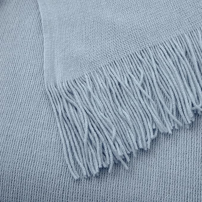 Vonty Light Blue Knitted Blanket with Tassels Fringe 60" x 80", Super Soft Knit Throw Blanket, Farmhouse Decorative Lightweight Blanket for Couch, Sofa, Bed