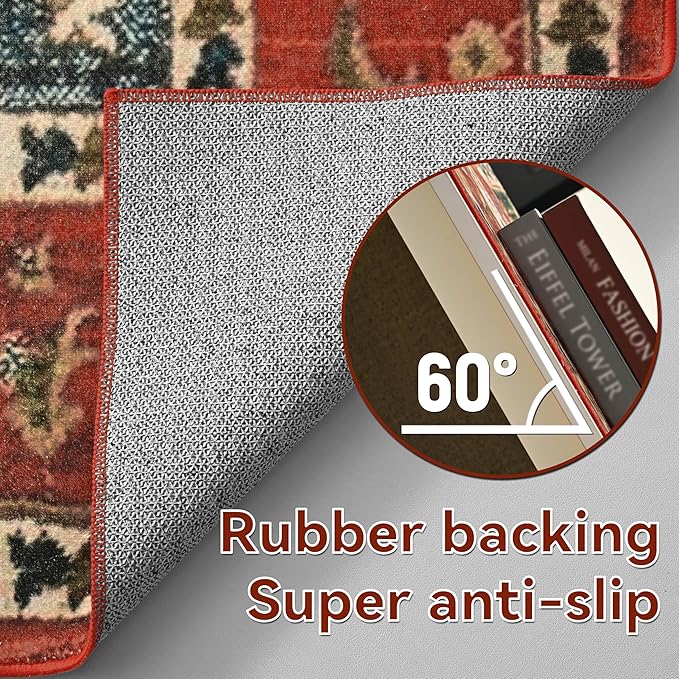 YJ.GWL Area Rugs for Living Room 3x5 Machine Washable Rugs for Bedroom, Non Slip Floral Vintage Rug Indoor Carpet, Small Floor Throw Rug for Dining Room Kitchen, Orange-Red