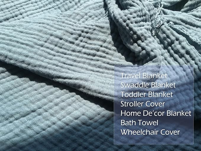 KyraHome 100% Organic Cotton Muslin Blankets, 90"x90" Queen, Pre-Washed, Breathable Lightweight Gauze Cotton Blanket for Couch, Adults, All Season (Slate Blue)