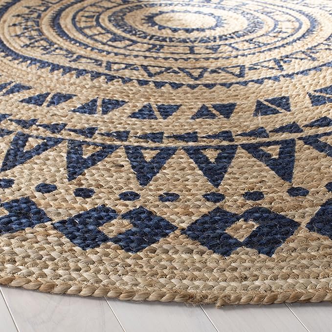 SAFAVIEH Natural Fiber Round Collection 4' Round Royal Blue NF802D Handmade Boho Mandala Braided Jute Area Rug