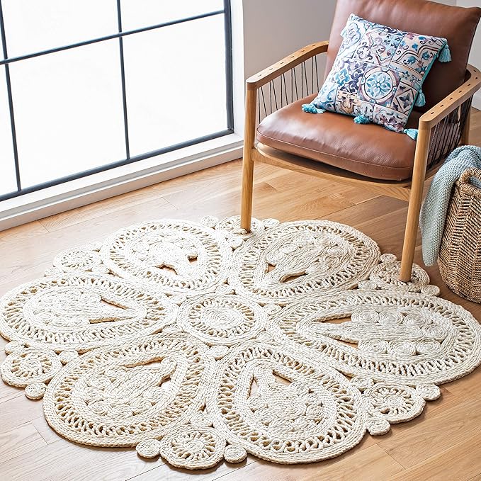 SAFAVIEH Area Rug 10' Round - Natural Fiber Collection - Large - Ivory, Handmade Jute, Decorative Boho Floral Design (NF360B)
