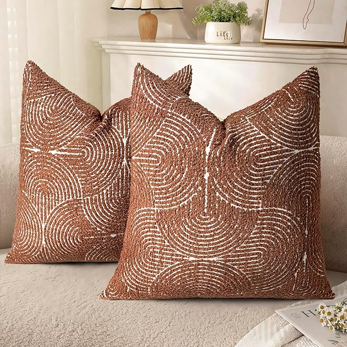 AELS Boho Decorative Textured Throw Pillow Covers 20x20, Organic Modern Mid Century Rainbow Tufted Pillow Case, Farmhouse Rustic Geometric Woven Cushion Case for Bed Couch Sofa, Burnt Orange