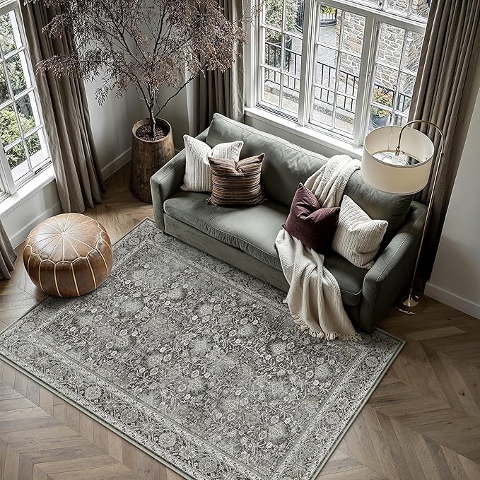 Vintage Area Rug 4x6 Black Entryway Office Washable Carpet Non Slip Bedroom Indoor Living Room Door Mat Low Pile Traditional Distressed Retro Accent Rug for Dining Room Bathroom Kitchen