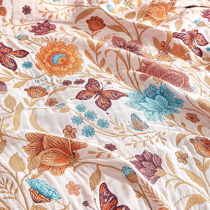 Boho Throw Blanket for Bed 90”x98”, 100% Cotton Woven Blanket for Couch Sofa, Ultra Soft 4-Layer Muslin Quilt with Floral Printed, Farmhouse Bed Blanket/Cover for Living Room Decor