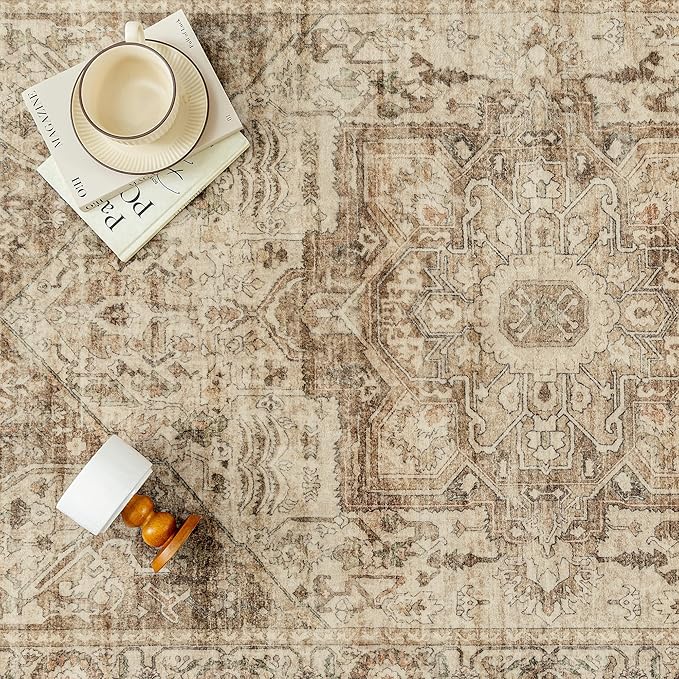 Brown Multi Area Rug 6x9 Vintage Washable Distressed Living Room Carpet Large Indoor Non Slip Traditional Medallion Retro Low Pile Accent Throw Rug Bedroom Kitchen Office Dining Room