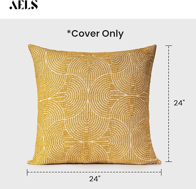 AELS Boho Decorative Textured Throw Pillow Covers 24x24, Organic Modern Mid Century Rainbow Tufted Pillow Case, Farmhouse Rustic Geometric Woven Cushion Case for Bed Couch Sofa, Mustard Yellow