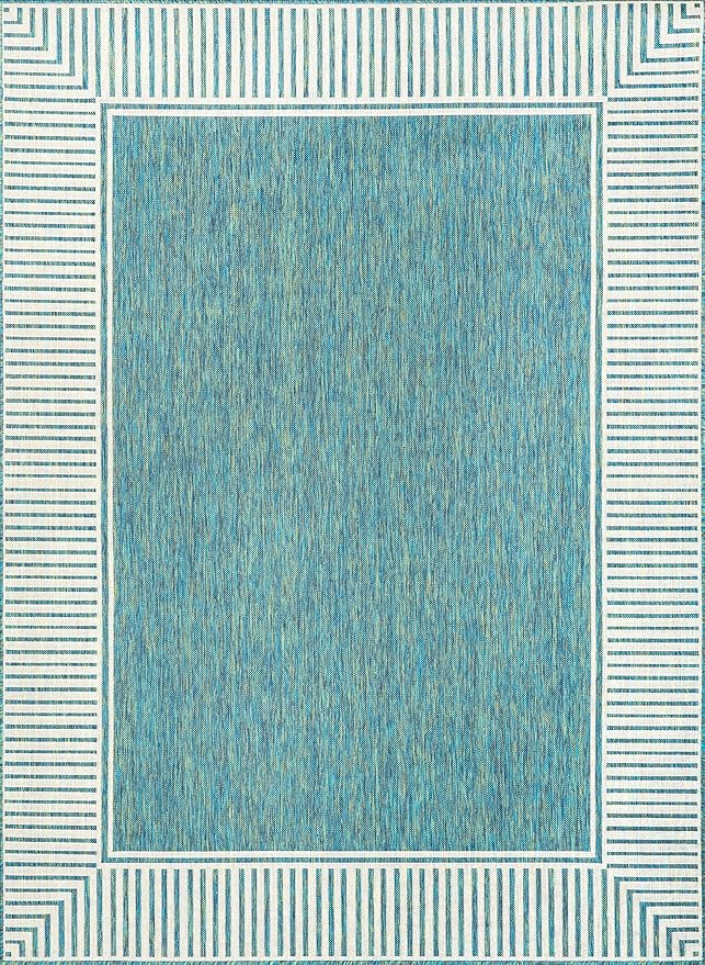 Nuloom Asha Teal/Ivory, 4' x 6', Casual, Striped Border, Soft and Cozy, High Traffic, Stain Resistant, Easy Clean, Durable Area Rug for Indoor/Outdoor Patio, Deck, Porch, Garden, Courtyard