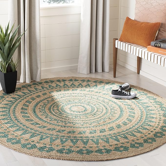 SAFAVIEH Natural Fiber Collection Area Rug - 4' Round, Teal & Natural, Handmade Boho Mandala Braided Jute, Ideal for High Traffic Areas in Living Room, Bedroom (NF802E)