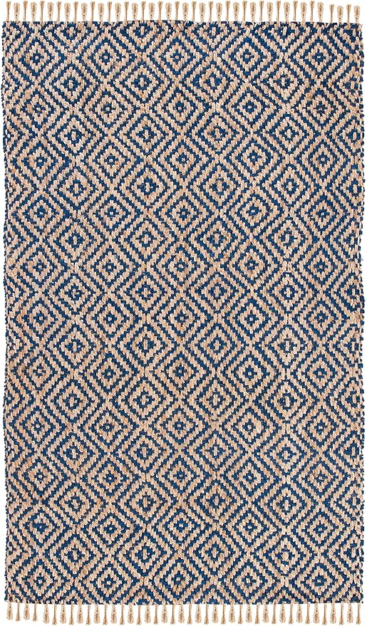 SAFAVIEH Natural Fiber Collection Area Rug - 9' x 12', Tropical Blue & Natural, Handmade Boho Diamond Tassel Jute, Ideal for High Traffic Areas in Living Room, Bedroom (NF266D)