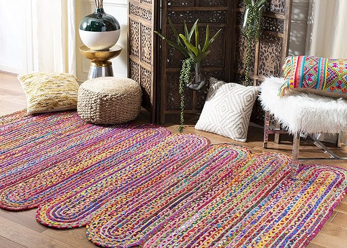 SAFAVIEH Cape Cod Collection Area Rug - 5' x 8', Red & Multi, Handmade Braided Jute & Cotton, Ideal for High Traffic Areas in Living Room, Bedroom (CAP208Q)