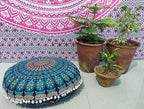 INDIAN CRAFT CASTLE 24" Blue Peacock Mandala Barmeri Large Floor Pillow Cover Cushion Meditation Seating Ottoman Throw Cover Hippie Decorative Zipped Bohemian Pouf Ottoman Pom Pom Cases 24" Round