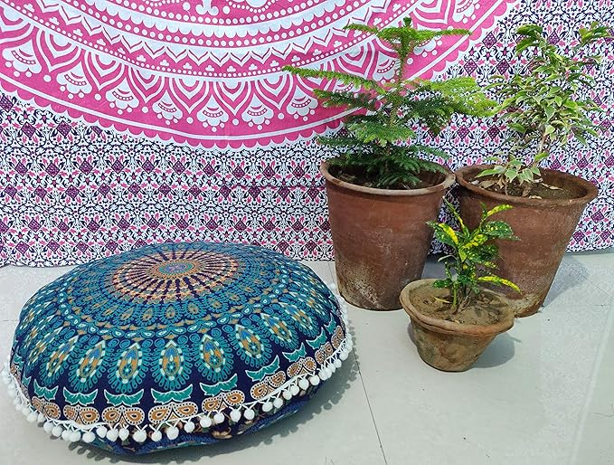 INDIAN CRAFT CASTLE 24" Blue Peacock Mandala Barmeri Large Floor Pillow Cover Cushion Meditation Seating Ottoman Throw Cover Hippie Decorative Zipped Bohemian Pouf Ottoman Pom Pom Cases 24" Round