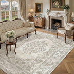 7x10 Area Rug Beige Washable Vintage Distressed Living Room Carpet Large Bedroom Indoor Medallion Floral Non Slip Retro Throw Floor Mat for Office Dining Room Kitchen Bathroom