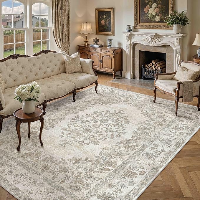 7x10 Area Rug Beige Washable Vintage Distressed Living Room Carpet Large Bedroom Indoor Medallion Floral Non Slip Retro Throw Floor Mat for Office Dining Room Kitchen Bathroom
