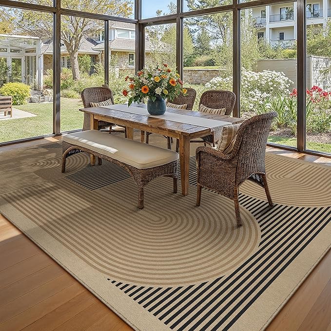 8x10 Modern Geometric Easy Jute Area Rug for Living Room Large Washable Indoor Outdoor Carpet Farmhouse Patio Office Mat Geometric Line Non Slip Black Carpet for Backyard Dining Room