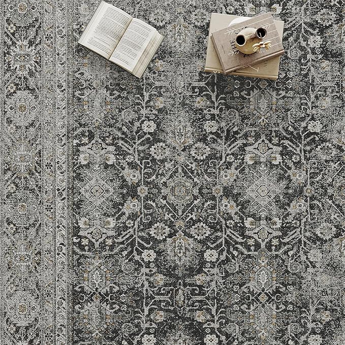 Black Runner Rug 2x5 Vintage Area Carpet Hallway Indoor Kitchen Washable Living Room Low Pile Traditional Distressed Retro Accent Throw Rug Non Slip for Laundry Bathroom Office Dining Room