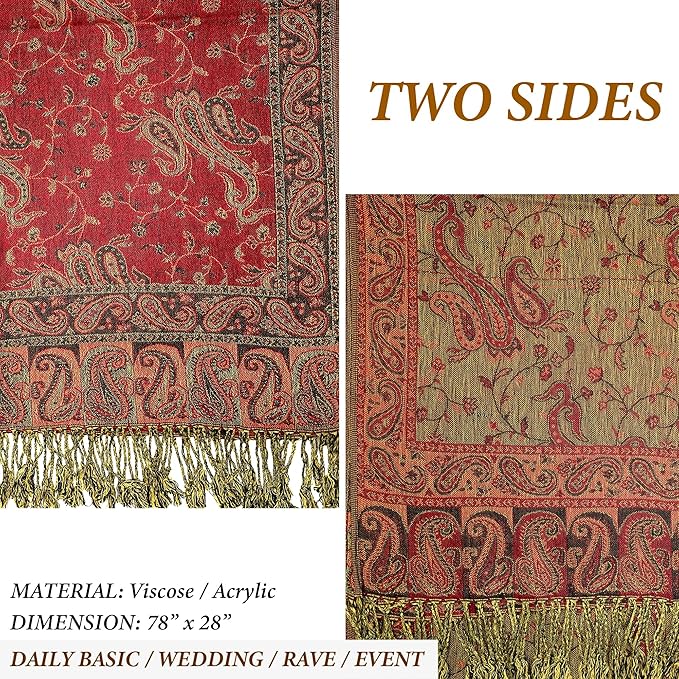 Achillea Reversible Paisley Pashmina Rave Scarf – Exotic Indian Shawls and Wraps for Evening Dresses, Festivals, All Seasons