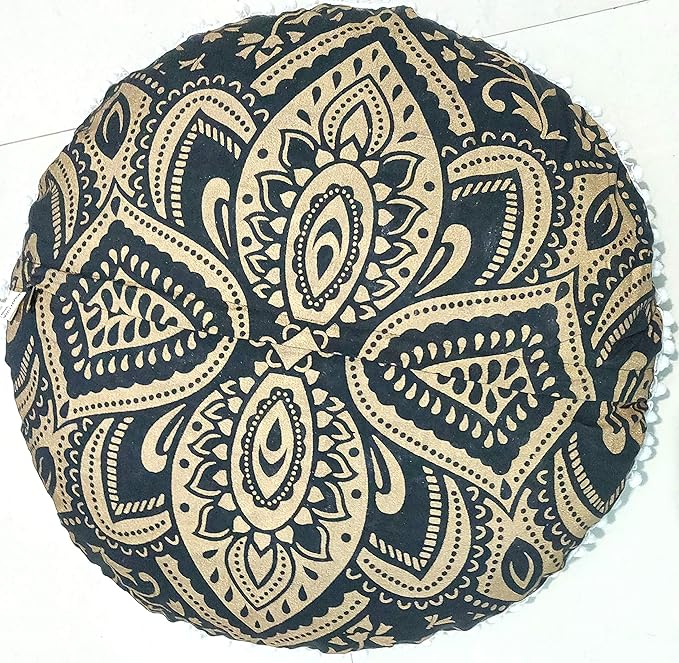 24" Black Gold Flower Mandala Barmeri Large Floor Pillow Cover Cushion Meditation Seating Ottoman Throw Cover Hippie Decorative Zipped Bohemian Pouf Ottoman Pom Pom Cases 24 " round