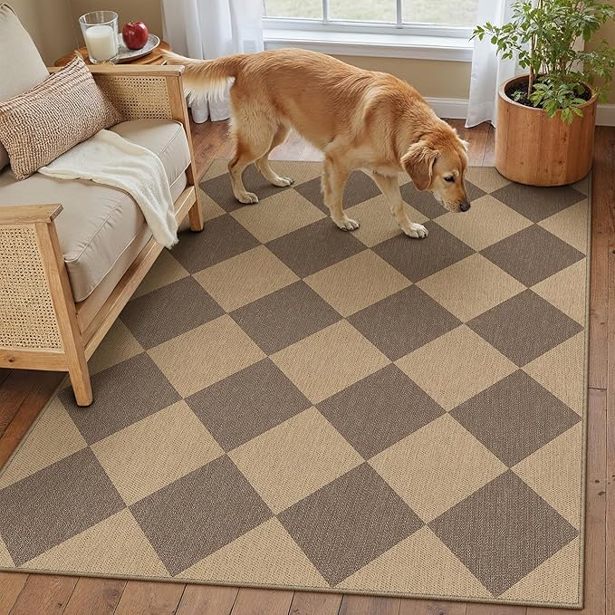 3x5 Checkered Easy Jute Outdoor Patio Rug Washable Area Rugs for Living Room Entryway Diamond Indoor Outdoor Mat Farmhouse Neutral Non Slip Brown Door Carpet for Backyard Bedroom