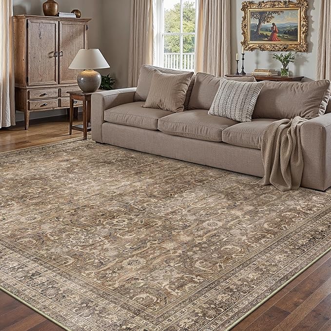 HUGEAR Area Rug 5x7 Vintage Brown Machine Washable Living Room Rugs Distressed Retro Floral Vacuumable Low Pile Carpet Bedroom Office Dining Room Laundry Room Non Slip Soft Lightweight