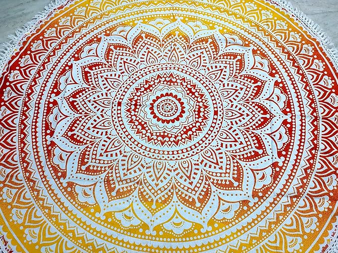 Round Beach Tapestry Turquoise Mandala Throw/Boho Hippie Beach Blanket Roundie/Indian Cotton Bohemian Large Round Table Cloth-Home Decor/Yoga Mat Meditation Picnic Rug (70", Yellow-Orange)
