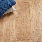 SAFAVIEH Natural Fiber Collection Area Rug - 6' Square, Natural & Blue, Handmade Flat Weave Boho Farmhouse Rustic Border Jute, Ideal for High Traffic Areas in Living Room, Bedroom (NFB852M)