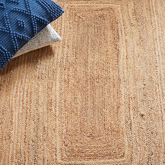 SAFAVIEH Natural Fiber Collection Area Rug - 5' x 8', Natural & Blue, Handmade Flat Weave Boho Farmhouse Rustic Border Jute, Ideal for High Traffic Areas in Living Room, Bedroom (NFB852M)