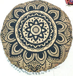 CRAFT KALA Mandala Floor Pillow Cushion Cover Seating Throw Cover Hippie Decorative Bohemian Ottoman Poufs Pom Pom Pillow Cases Boho Indian Cotton Living Room Home Décor 24" Round Black Gold Flower