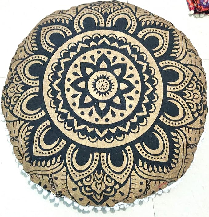 CRAFT KALA Mandala Floor Pillow Cushion Cover Seating Throw Cover Hippie Decorative Bohemian Ottoman Poufs Pom Pom Pillow Cases Boho Indian Cotton Living Room Home Décor 24" Round Black Gold Flower