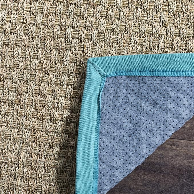 SAFAVIEH Natural Fiber Collection Runner Rug - 2'6" x 6', Natural & Teal, Seagrass, Basketweave Pattern with Border (NF114R)