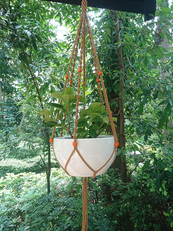 Plant Hanger Macrame Cotton 6 Legs 51 Inches for Indoor Outdoor, Living Room, Kitchen, Deck, Patio, High and Low Ceiling with Size of 10-12 inches Without The Pot (Brown)