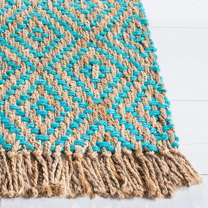 SAFAVIEH Area Rug 8x10 - Natural Fiber Collection - Large - Turquoise & Natural, Handmade Jute, Boho Style, Diamond Pattern, Ideal for Living Room, Bedroom, Dining Space (NF266C)