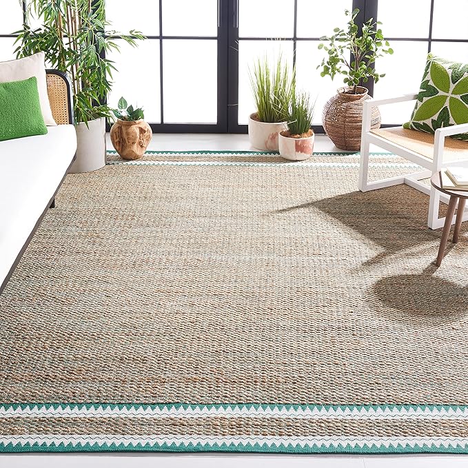 SAFAVIEH Natural Fiber Collection Area Rug - 6' x 9', Natural & Green, Handmade Farmhouse Boho Coastal Rustic Jute, Ideal for High Traffic Areas in Living Room, Bedroom (NF874Y)